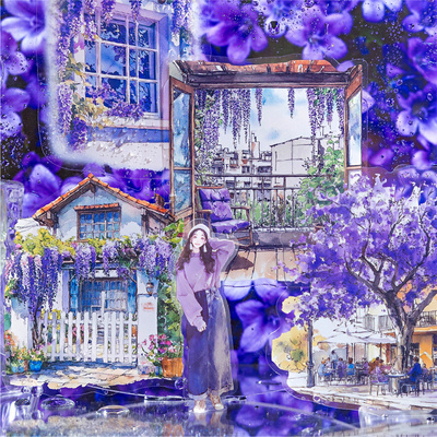 手账贴纸大尺寸水彩雨季街无重复