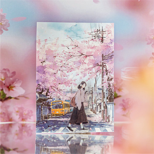 手账素材纸日系手绘水彩风景樱