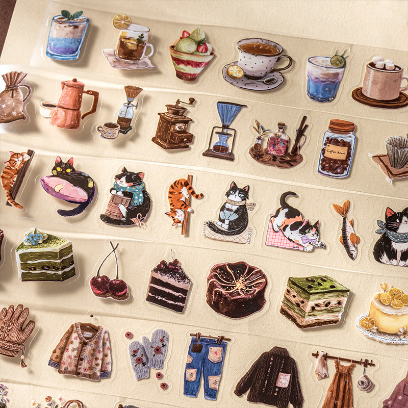 M｜闲暇时刻胶带 雾面模切精美蜡笔画风甜品咖啡猫pet手账拼贴画,文具电教/文化用品/商务用品,贴纸/立体贴纸,淘宝优惠券,粉丝福利购,淘宝优惠卷