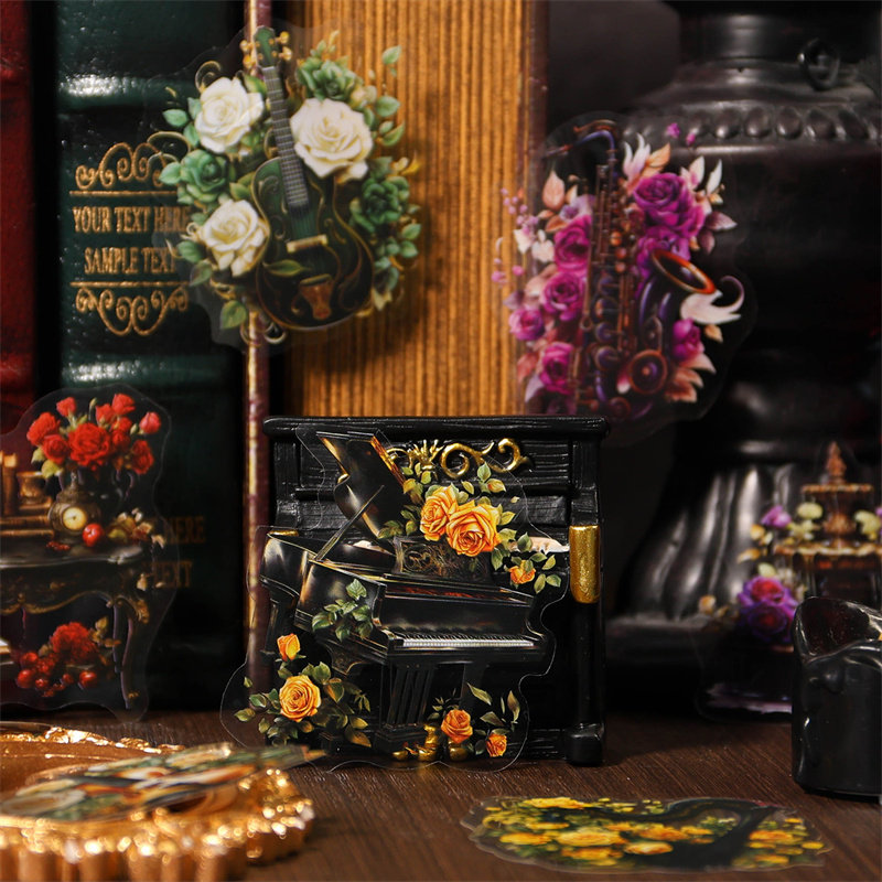 M｜巴洛克音乐会贴纸 暗黑哥特风花与乐器钢琴吉他pet手帐拼贴画