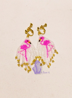 8floorA日式日系手作手工串珠火烈仙鹤流苏耳夹耳钩耳环