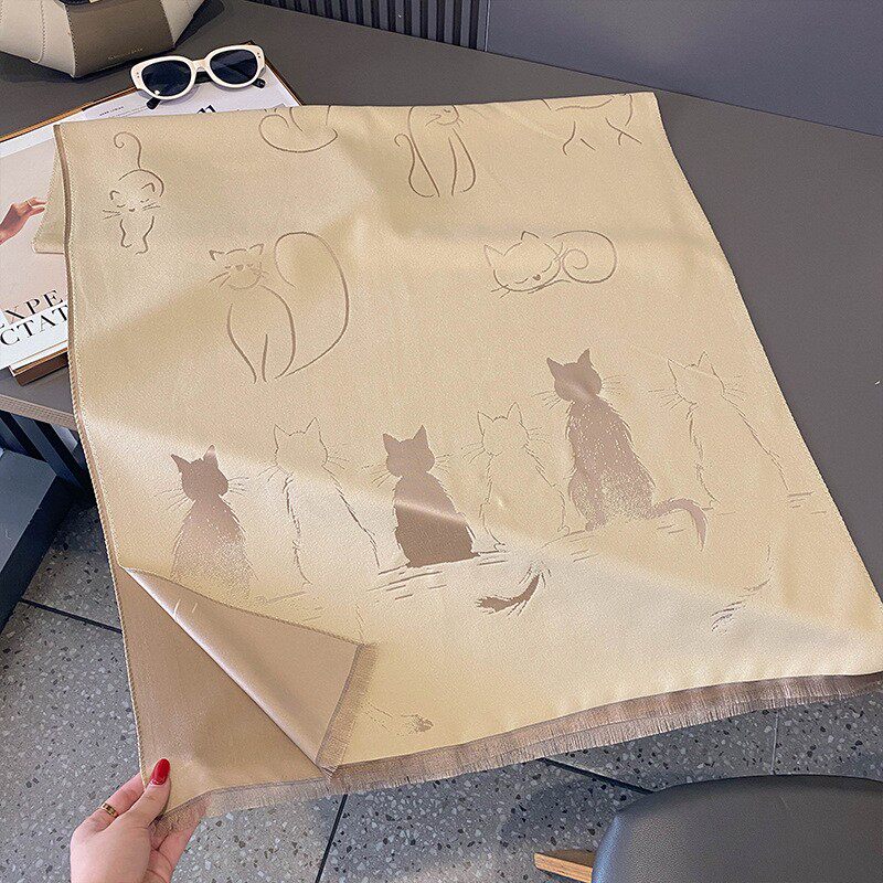 轻奢手绘猫咪披肩秋冬季双面围巾保暖柔软围脖通勤出游拍照氛围感