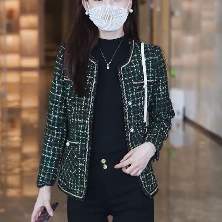 网红新款显瘦修身上衣圆领春装新款长袖格子小香风高档外套女