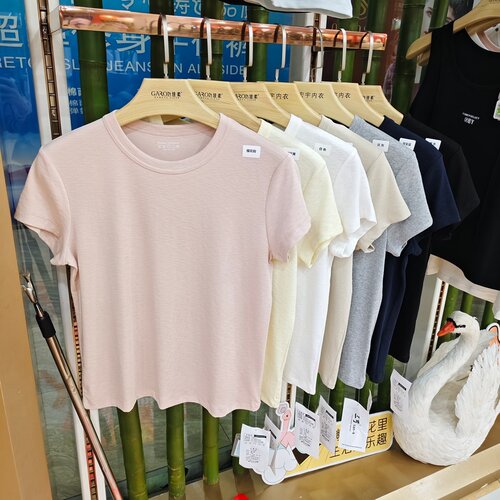三可3530夏季新款短袖T恤女百搭显瘦圆领纯色上衣显瘦上衣半袖女