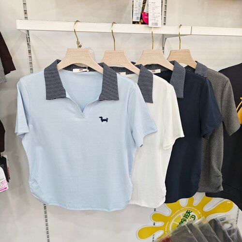 香衣雅帛6863休闲风撞色POLO领短袖T恤女刺绣小狗