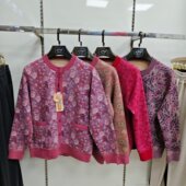 羽暖情2580女士印花加绒加厚蚕丝羊毛开衫 保暖上衣开衫 系扣