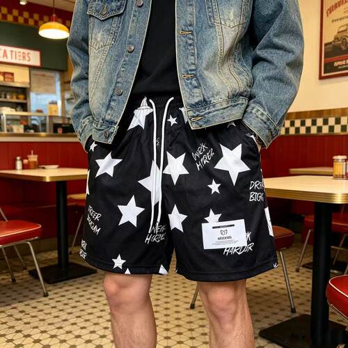 夏季痞帅星星三分裤男女薄款宽松网眼透气美式高街潮牌运动短裤