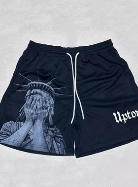 美式三分裤短裤男潮牌复古水印速干宽松网眼跑步训练夏季篮球裤