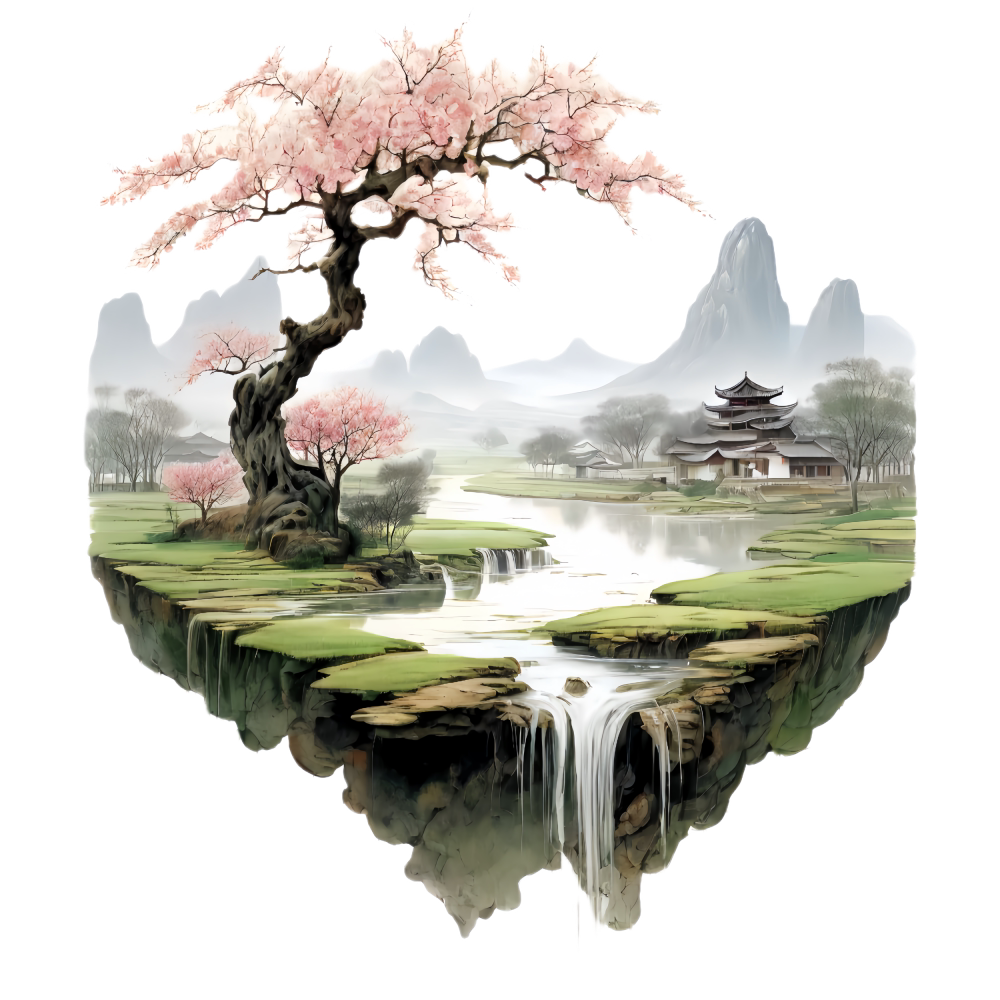 国风桃花山水贴画卧室玄关客厅墙面车贴现代高级防水装饰自贴画