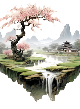 国风桃花山水贴画卧室玄关客厅墙面车贴现代高级防水装饰自贴画