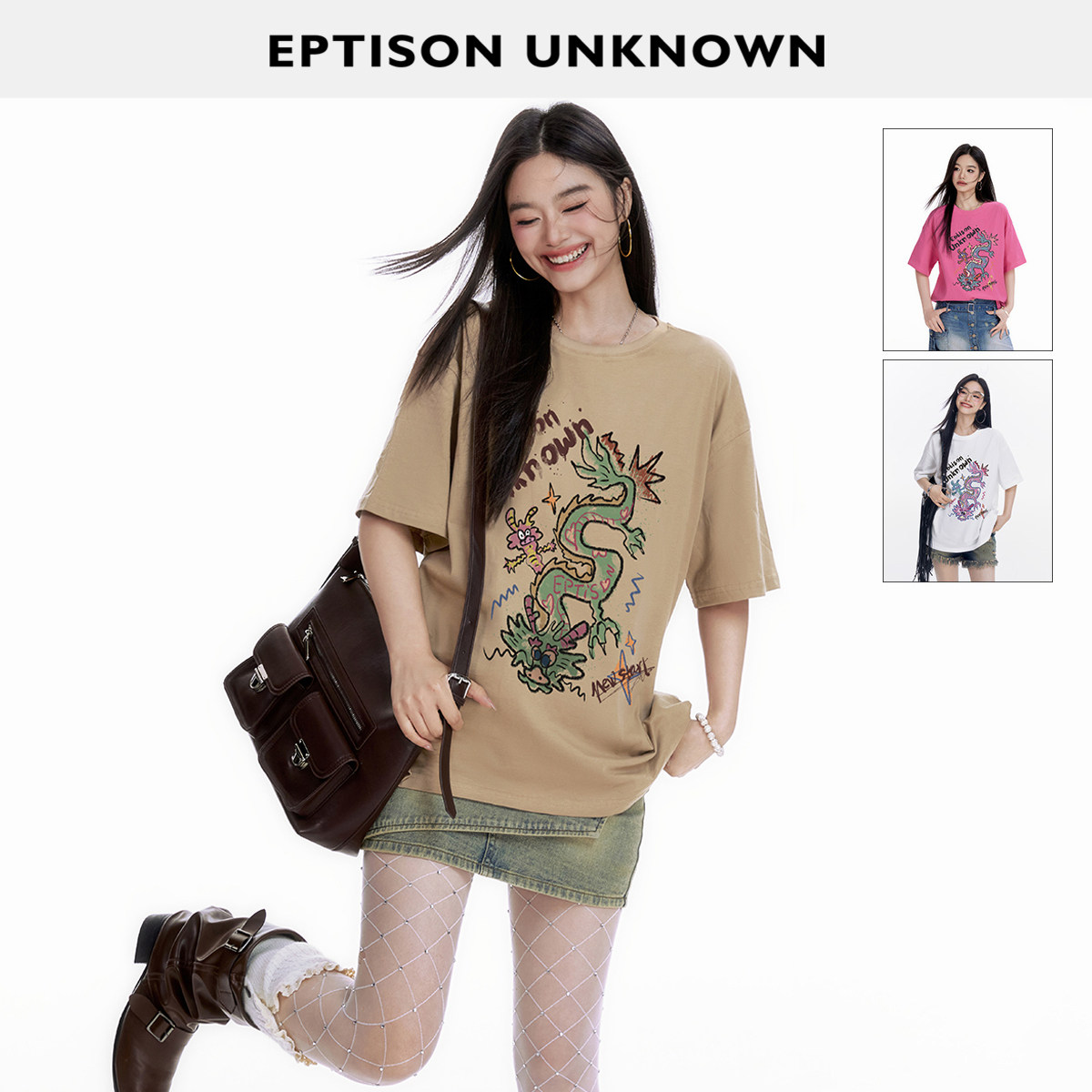 【49/件】EPTISON短袖T恤女夏纯棉宽松洋气独特印花白色休闲上衣