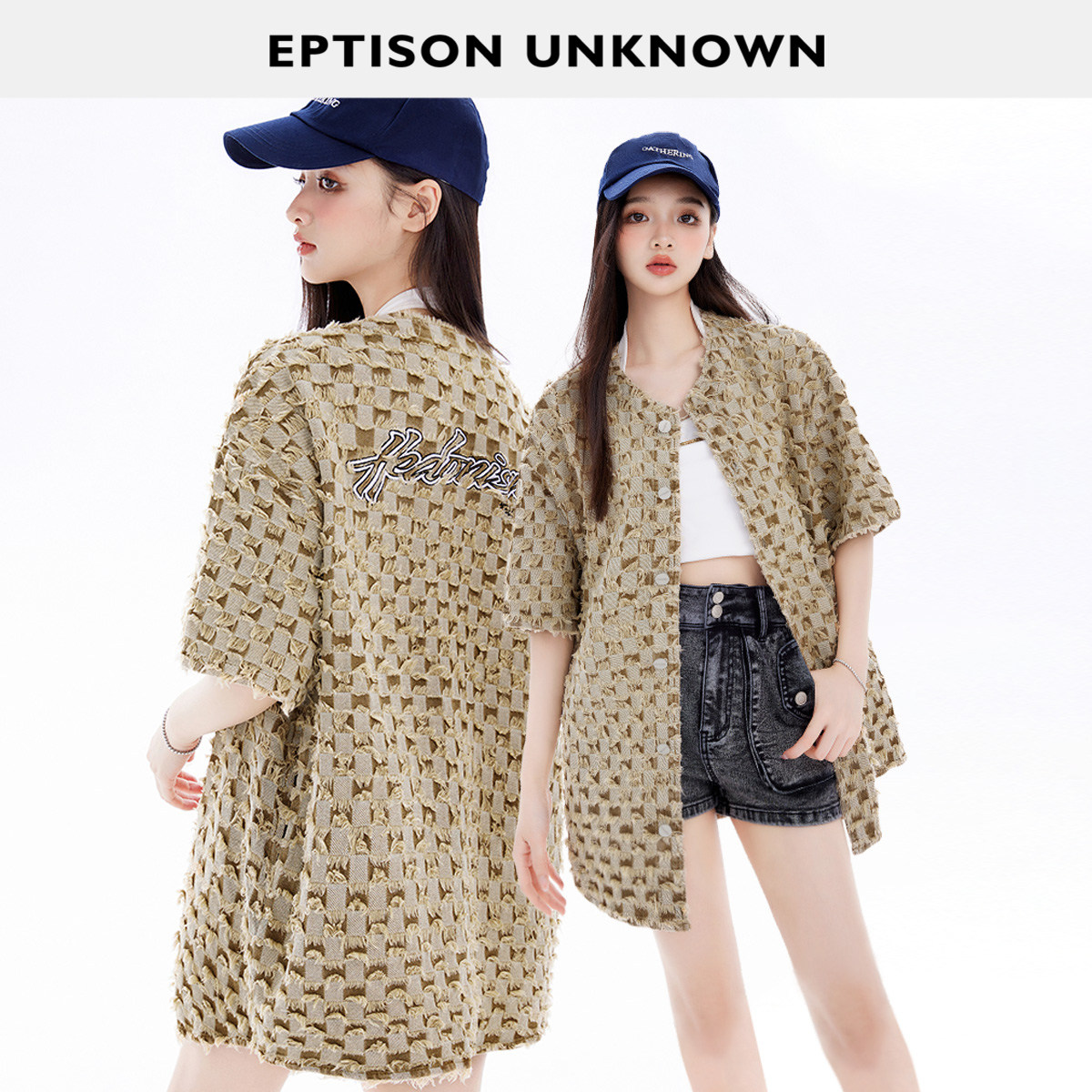 【119/件】EPTISON衬衫女夏独特棋盘格撞色刺绣设计时尚短袖外套