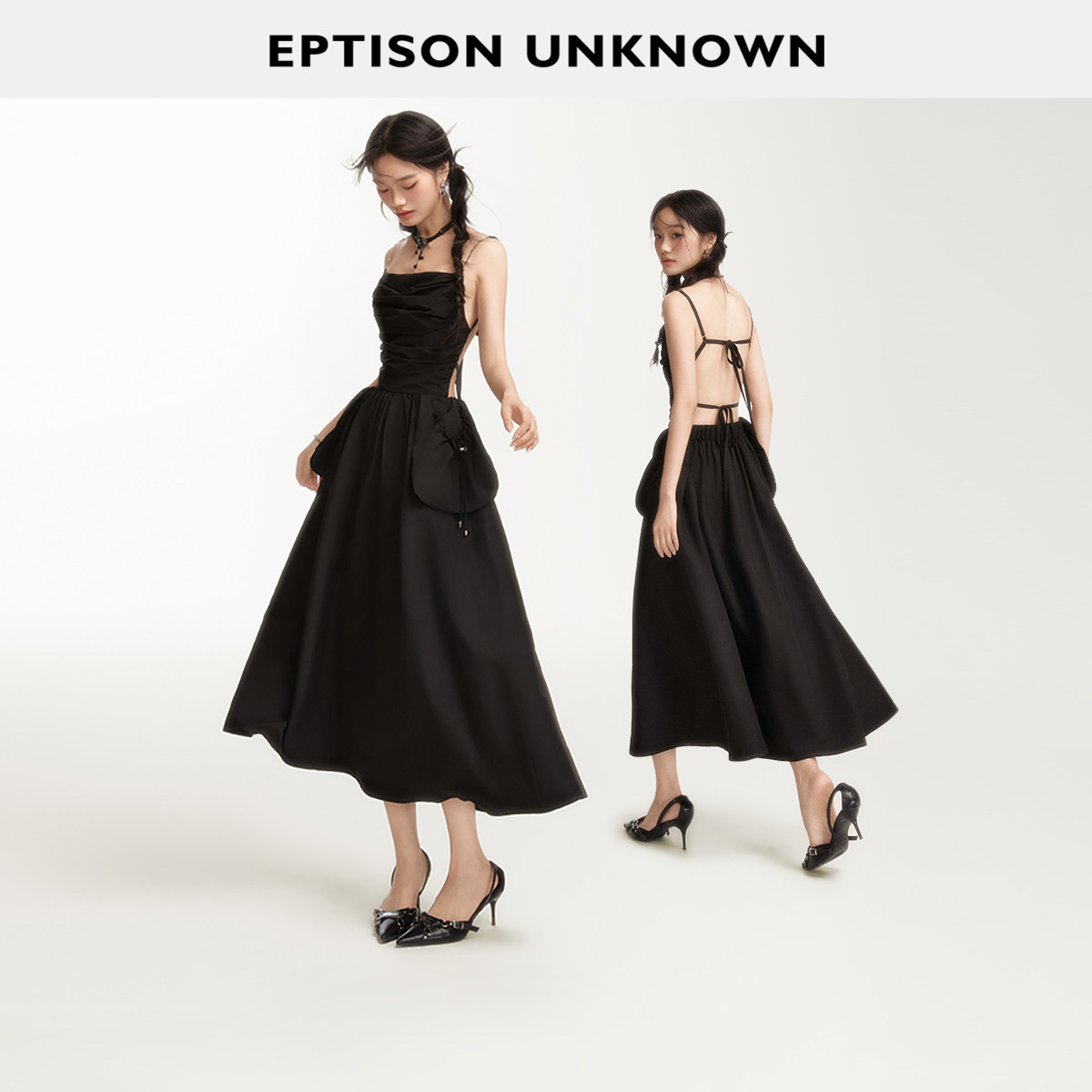 【129/件】EPTISON吊带连衣裙女夏修身露背性感独特黑色高级长裙