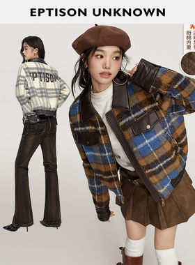 【149/件】EPTISON外套女2025冬季新款短款复古格纹加厚机车棉服