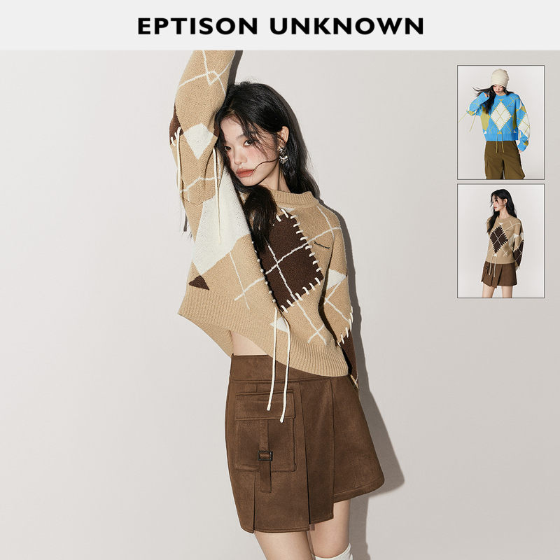 Eptison复古菱形格软糯毛衣