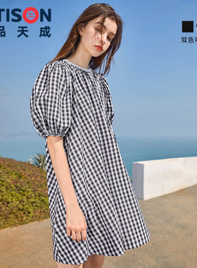 【69/件】EPTISON连衣裙女夏季法式甜美初恋泡泡袖纯棉格子黑裙子
