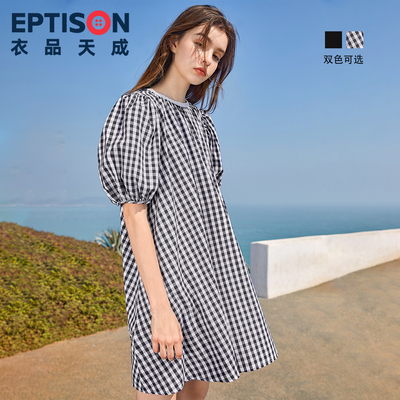 【69/件】EPTISON连衣裙女夏季法式甜美初恋泡泡袖纯棉格子黑裙子
