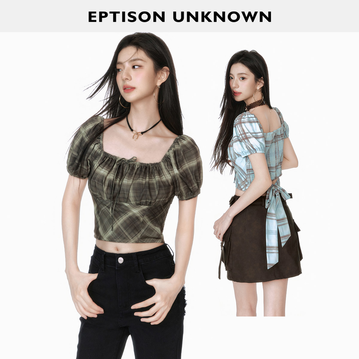 Eptison复古格子短款小衫上衣图片