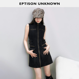 【149/件】EPTISON牛仔连衣裙女夏美式复古立领修身辣妹无袖裙子