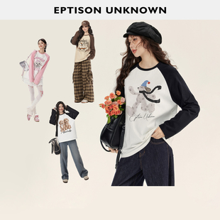 【69/件】EPTISON长袖T恤女春可爱小狗印花插肩袖宽松纯棉上衣