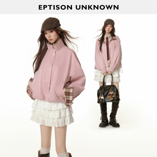 【149/件】EPTISON外套女秋复古短款宽松超好看格纹拼接花苞上衣