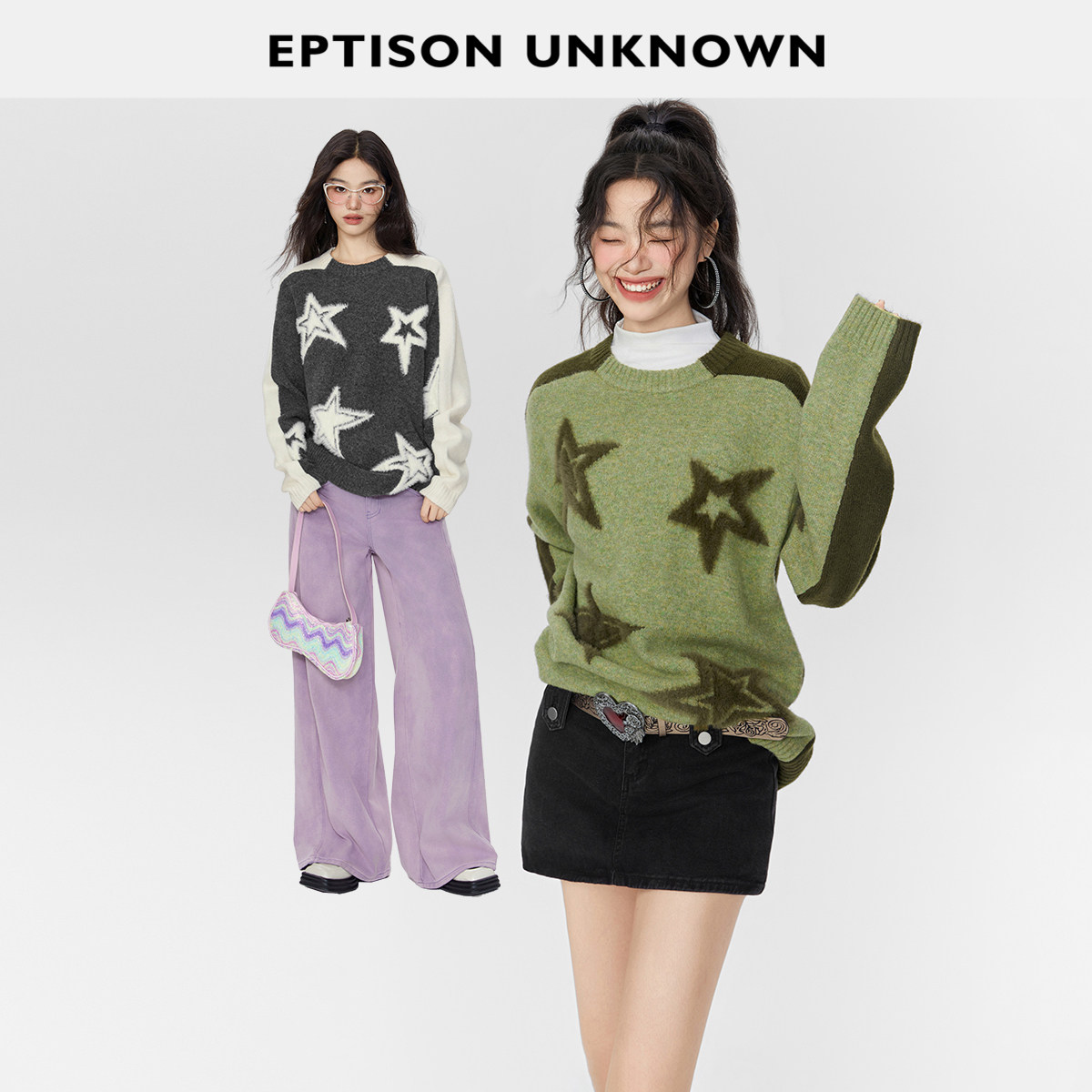 Eptison前后拼色星星提花毛衣图片