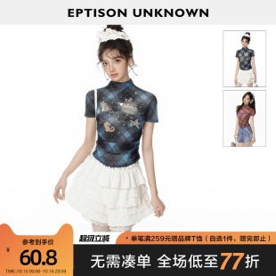 短款 EPTISON短袖 修身 新款 正肩小个子复古格纹上衣 T恤女2025年夏季