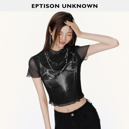 Eptison甜辣风网纱印花T恤