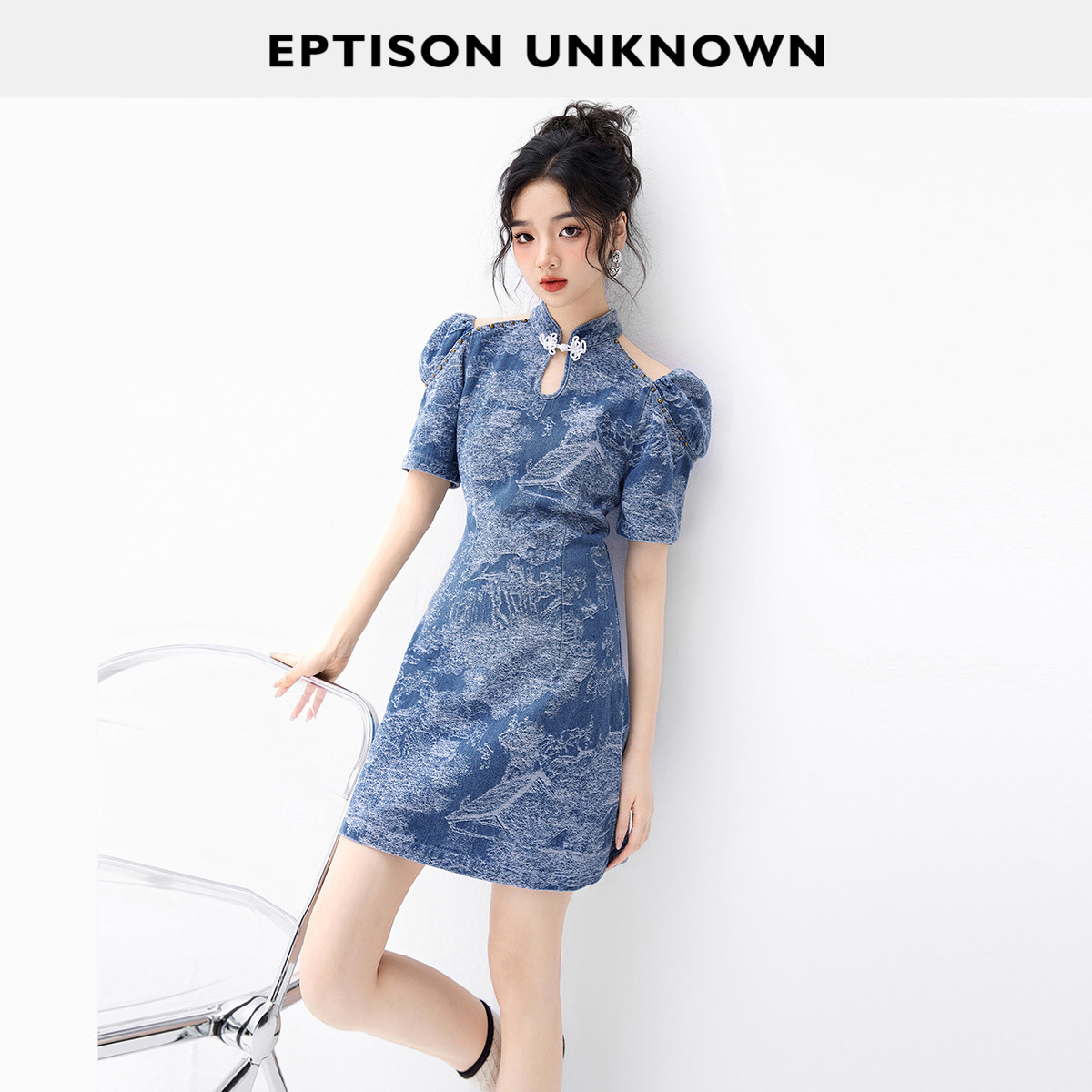 eptison新中式牛仔旗袍连衣裙图片