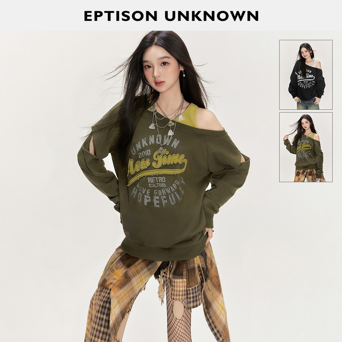 【89/件】EPTISON卫衣女春季宽松美式复古小众设计感黑色露肩上衣 - 衣品天成女装旗舰店出品