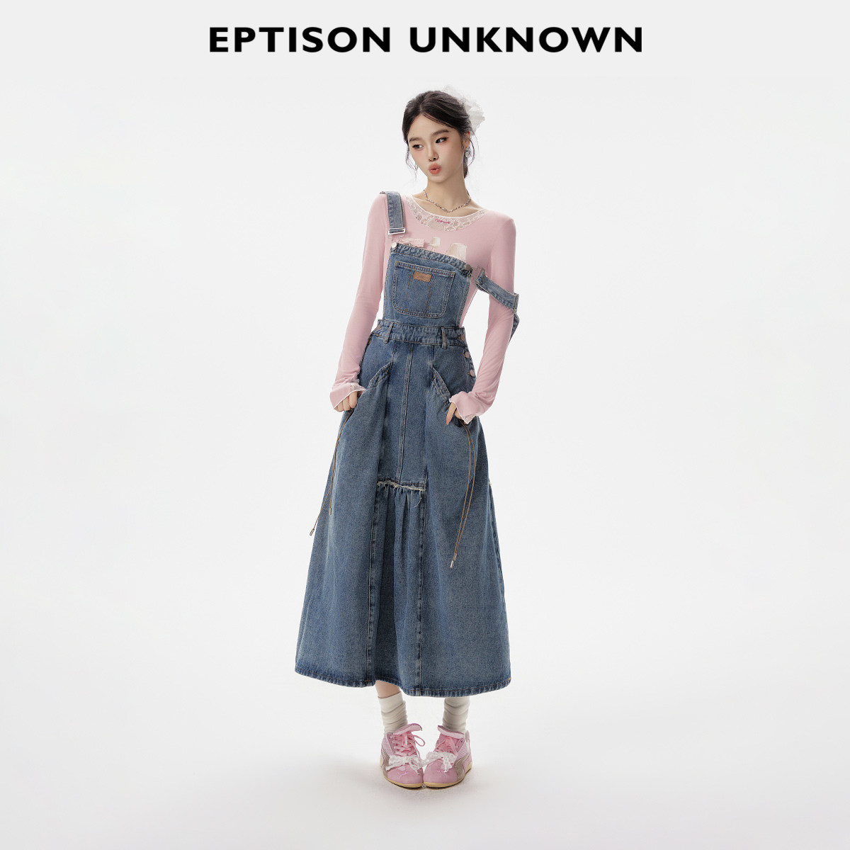 Eptison复古设计感牛仔背带裙图片