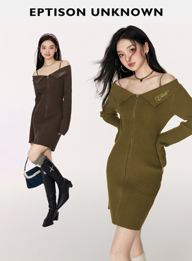 【69/件】EPTISON长袖连衣裙女2025冬季新款小个子高级针织吊带裙