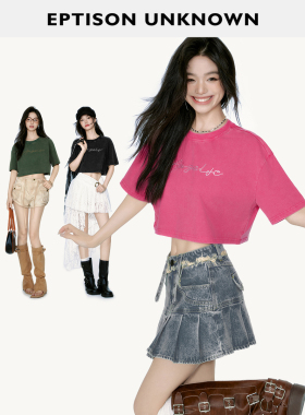 【99/件】EPTISON短袖T恤女夏季美式复古短款纯棉黑色休闲小上衣