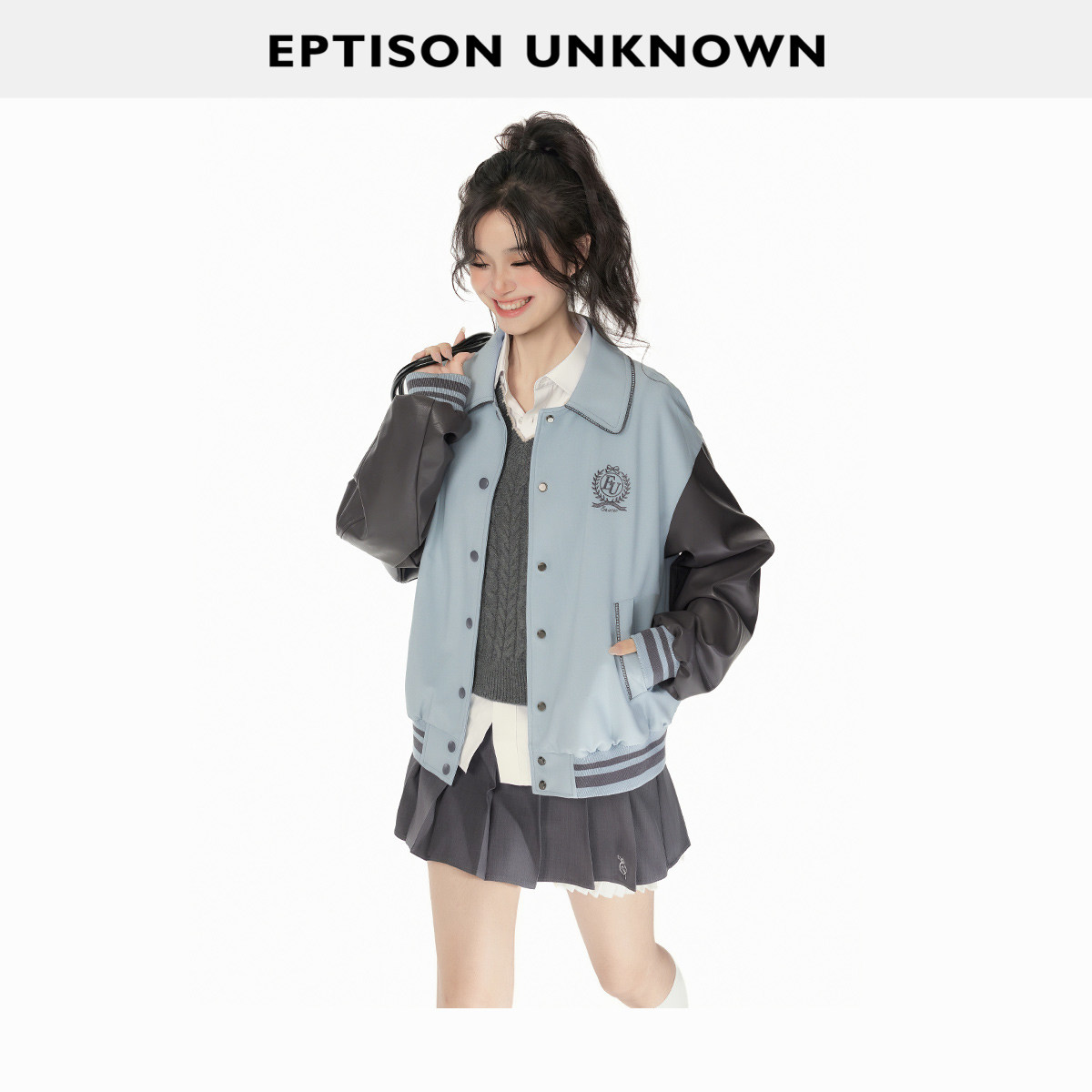 EPTISON外套女2025秋季新款美式复古撞色拼接PU皮袖休闲夹克上衣