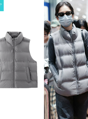 张婧仪明星同款灰色羽绒棉马甲冬装新款保暖立领面包服男女外套