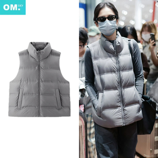 张婧仪明星同款灰色羽绒棉马甲冬装新款保暖立领面包服男女外套