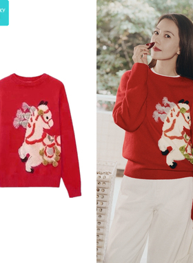 高圆圆明星同款红色小马提花毛衣2026春季新年圆领宽松套头上衣