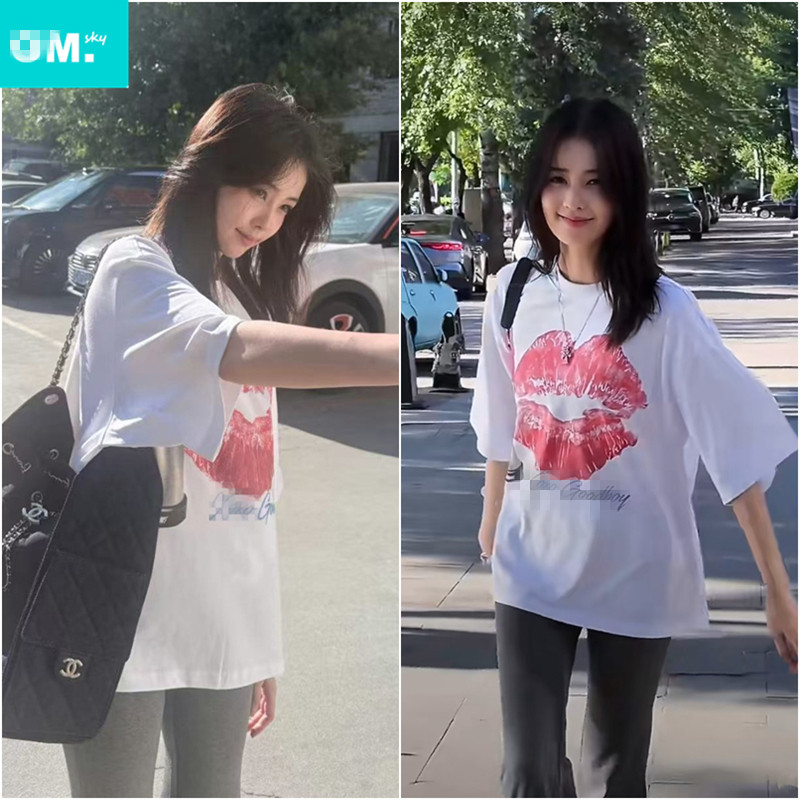 白鹿同款口红嘴唇印花T恤女夏季新款宽松纯棉显瘦小众设计感上衣