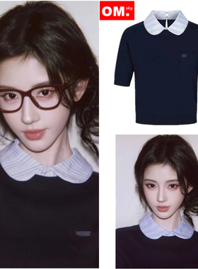 鞠婧祎同款藏蓝色娃娃领撞色短袖拼接上衣韩系学院风polo针织衫女