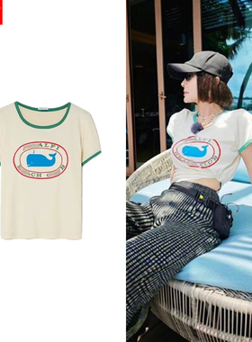 花儿与少年秦岚同款上衣2025夏季鲸鱼印花休闲百搭纯棉短袖t恤女