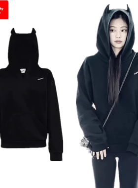 jennie明星同款小恶魔设计感美式纯棉宽松字母印花连帽卫衣女秋冬