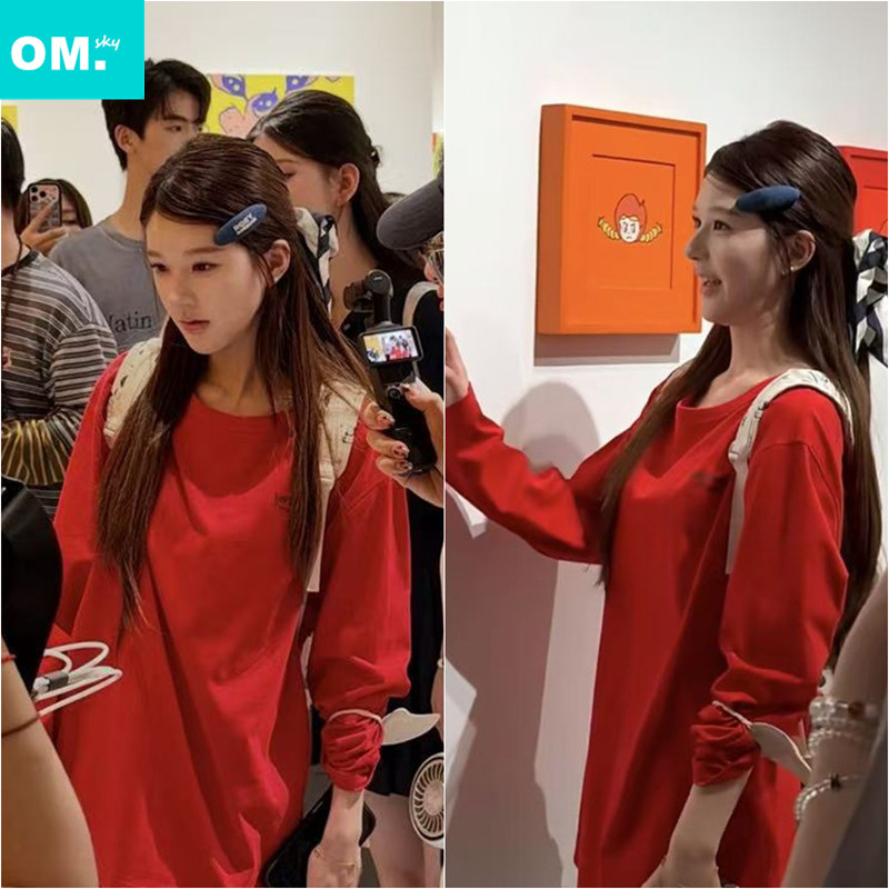 赵露思同款红色纯棉长袖T恤女图片