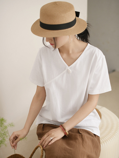 盘扣t恤女夏季 t衫 复古v领白色中国风上衣女装 文艺纯棉新中式 短袖