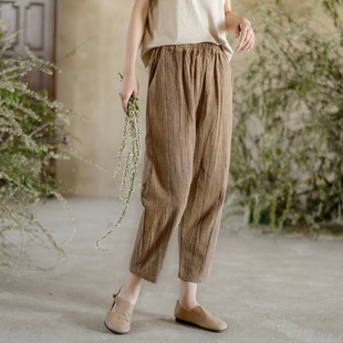 百搭休闲裤 夏新中式 棉麻扎染九分裤 女复古做旧显瘦萝卜裤 子 宽松裤