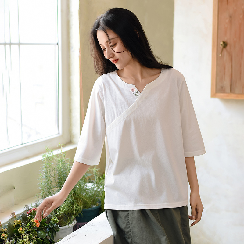 新中式雪花棉v领t恤女