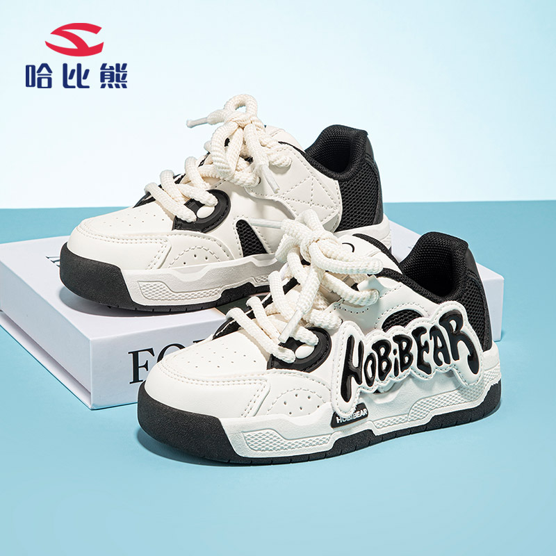 哈比熊童鞋黑白熊猫鞋男女童2025春夏皮面防水板鞋防滑中大童运动