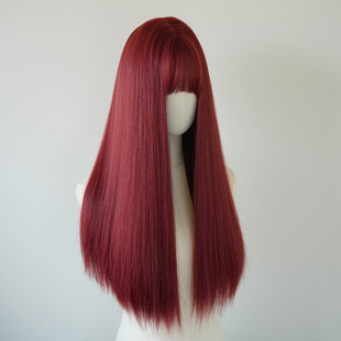 红色假发女团一刀切齐刘海长直发海王红万用cos湄拉红头发全头套