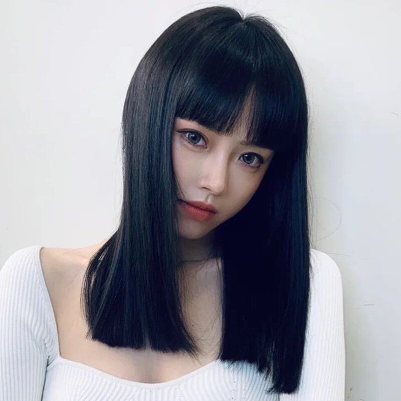 水舞假发女锁骨发网红漫画刘海黑色直发中长发齐发尾整顶新式发套