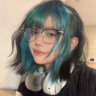 蓝色假发jk蓝黑挑染蛋卷短发渐变y2k亚文化日常lolita亚比短卷发