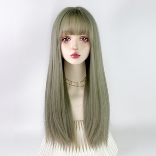 灰绿色假发女全头套彩色日常万用全头套抹茶绿彩色cos整顶长直发